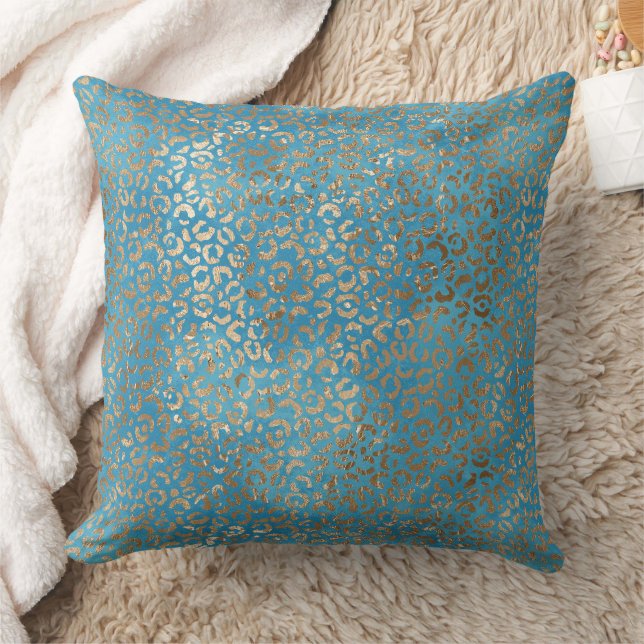 Turquoise Blue Gold Leopard print Cushion (Blanket)