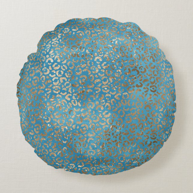 Turquoise Blue Gold Leopard print Round Cushion (Front)
