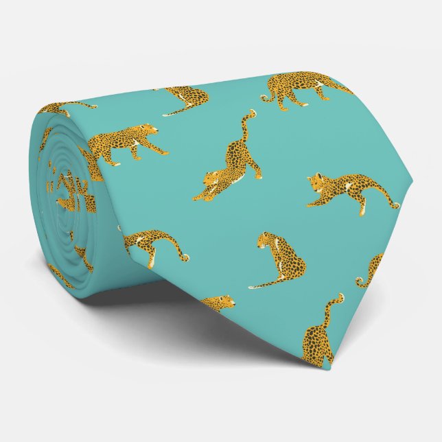 Turquoise Blue Gold Leopard Tie (Rolled)