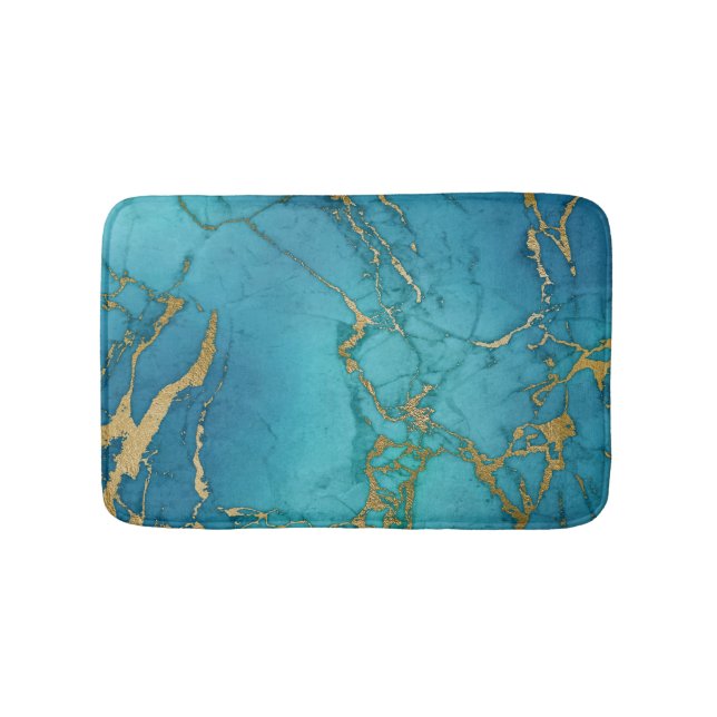 Turquoise Blue Gold Marble Stone Rock Metallic Bath Mat (Front)