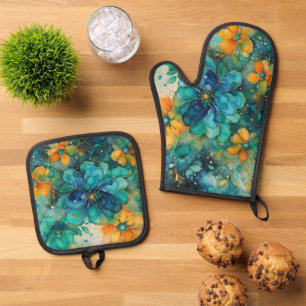 Turquoise Blue gold orange Floral *Personalise* Oven Mitt & Pot Holder Set
