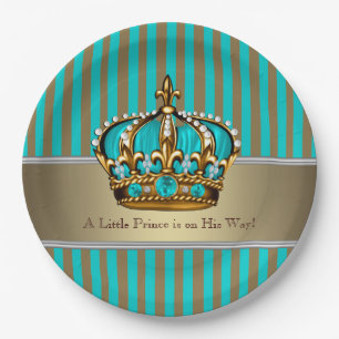 Turquoise Blue Gold Prince Baby Shower Paper Plate