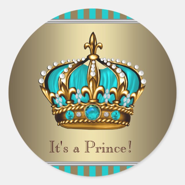 Turquoise Blue Gold Prince Baby Shower Stickers (Front)