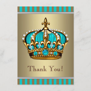 Turquoise Blue Gold Prince Baby Shower Thank You Card