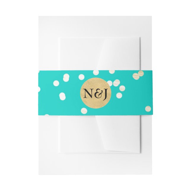 Turquoise Blue & Gold Shiny Confetti Dots Modern Invitation Belly Band (Front Example)