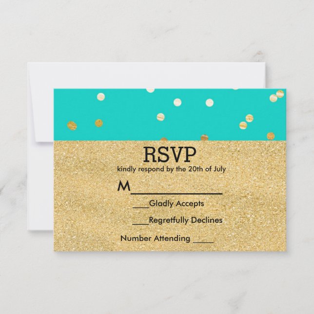 Turquoise Blue & Gold Shiny Confetti Dots RSVP (Front)
