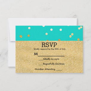 Turquoise Blue & Gold Shiny Confetti Dots RSVP Card