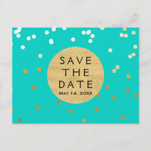 Turquoise Blue & Gold Shiny Confetti Save The Date Announcement Postcard