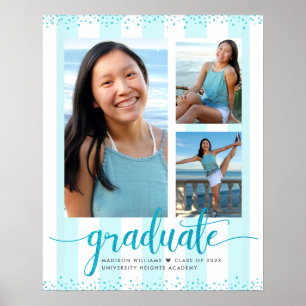 Turquoise Blue Graduation 3 Photo Glitter Script Poster