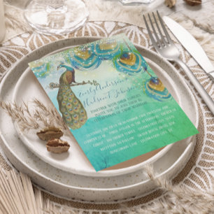 Turquoise Blue Green and Copper Peacock Feather Invitation