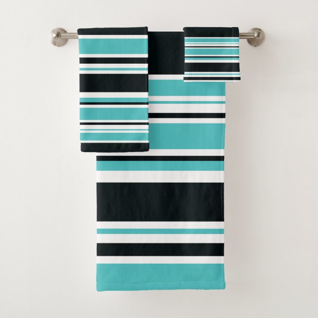 Turquoise Blue Green Black & White Stripes Bath Towel Set (Insitu)