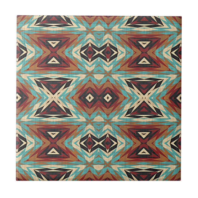 Turquoise Blue Green Brown Orange Ethnic Tribe Art Tile (Front)
