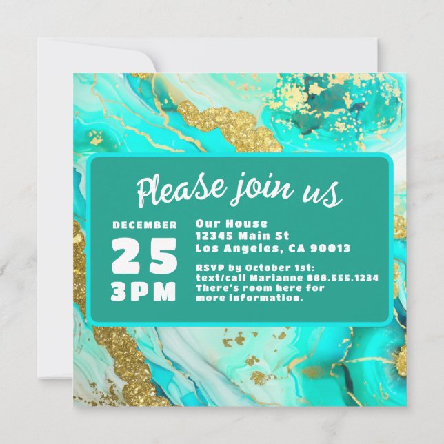 Turquoise Blue Green Marble Faux Gold Wedding Save The Date (Back)