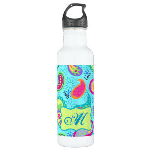 Turquoise Blue Green Modern Paisley Monogram 710 Ml Water Bottle