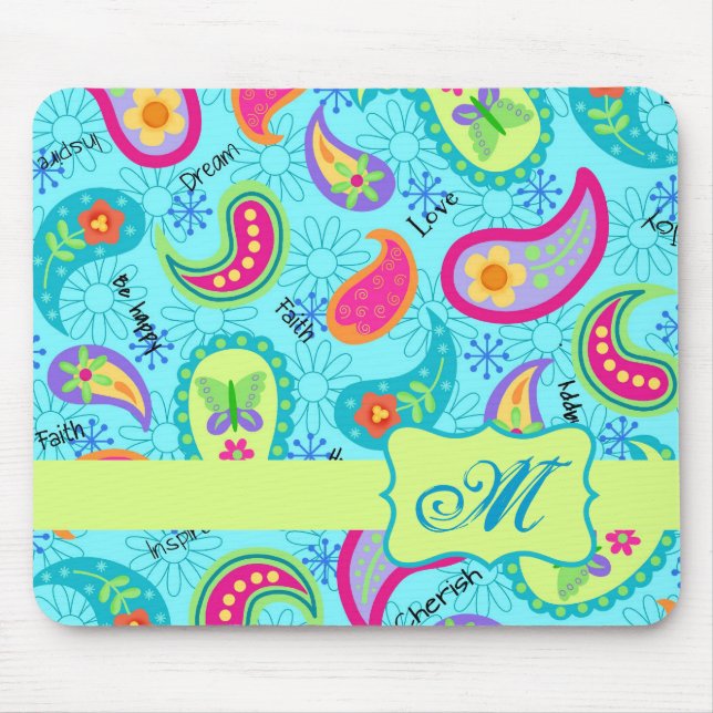Turquoise Blue Green Modern Paisley Monogram Mouse Mat (Front)