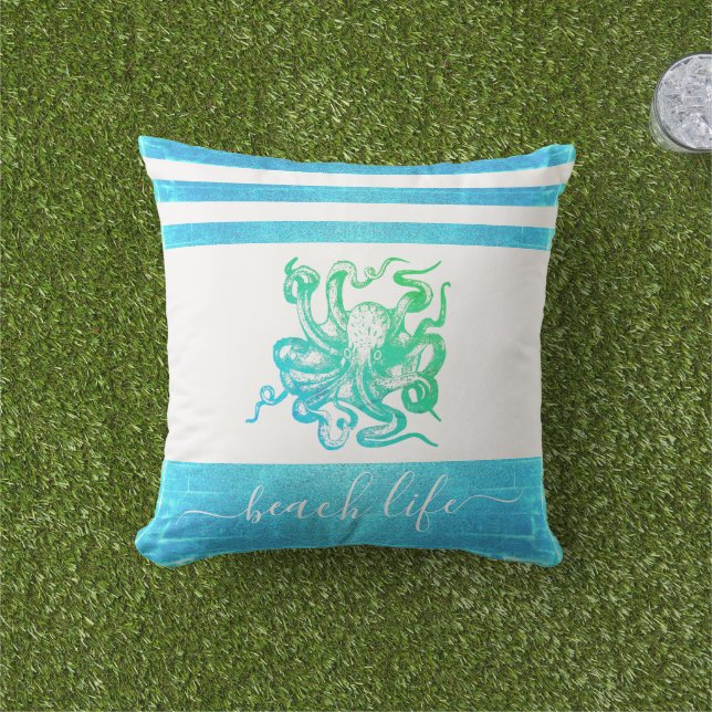 Turquoise blue green octopus beach life script  cushion (Grass)