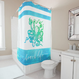 Turquoise blue green octopus beach life script shower curtain