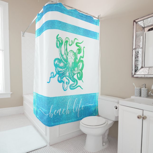 Turquoise blue green octopus beach life script shower curtain (In Situ)