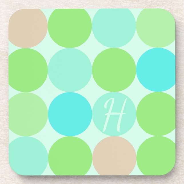 Turquoise Blue Green & Orange Circles Monogram Coaster (Front)