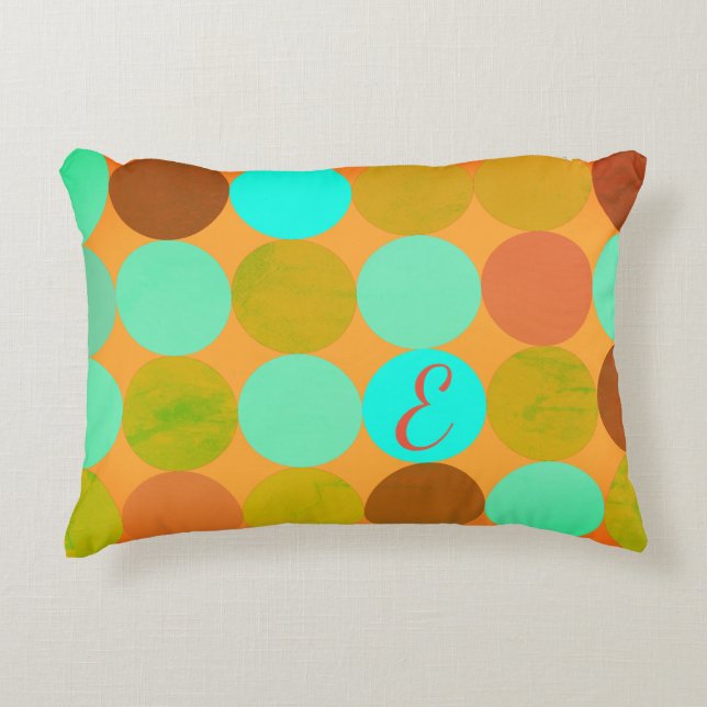 Turquoise Blue Green & Orange Circles Monogram Decorative Cushion (Front)