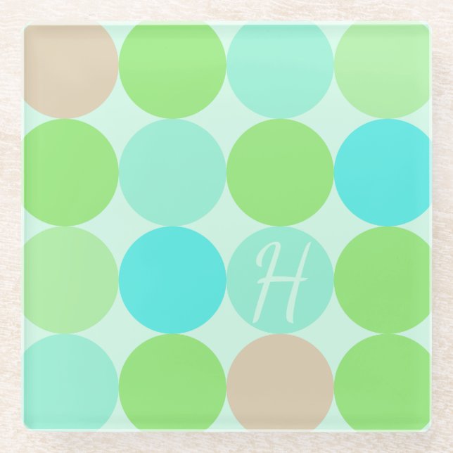 Turquoise Blue Green & Orange Circles Monogram Glass Coaster (Front)