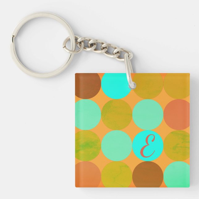 Turquoise Blue Green & Orange Circles Monogram Key Ring (Front)