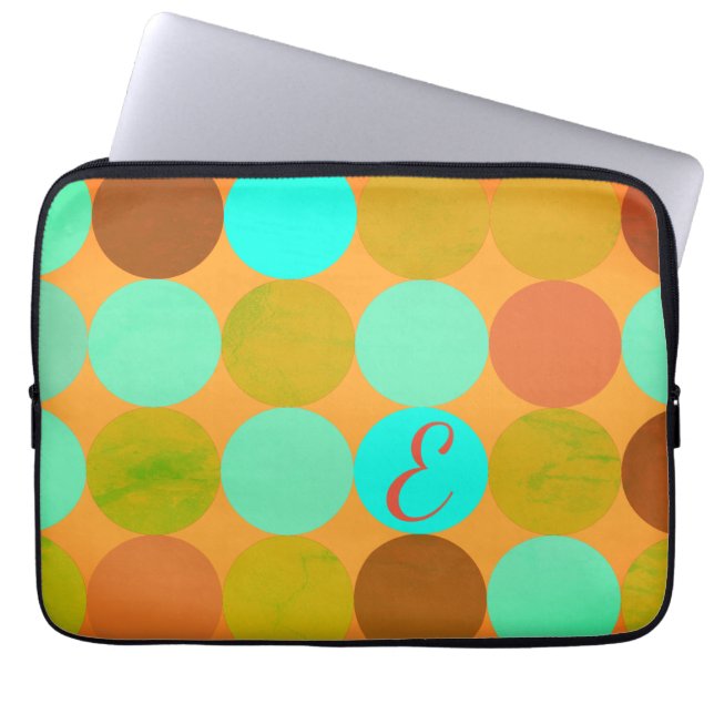 Turquoise Blue Green & Orange Circles Monogram Laptop Sleeve (Front)