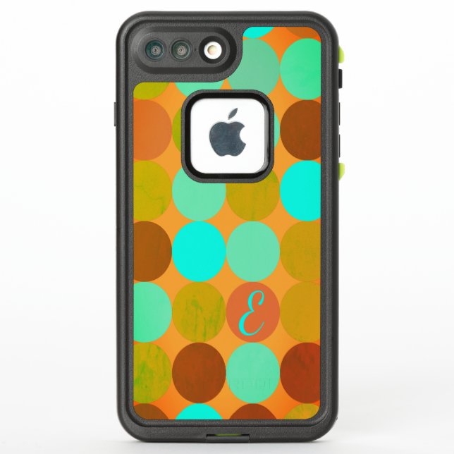 Turquoise Blue Green & Orange Circles Monogram LifeProof iPhone Case (Back)