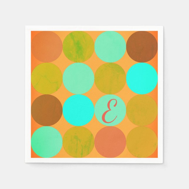 Turquoise Blue Green & Orange Circles Monogram Napkin (Front)