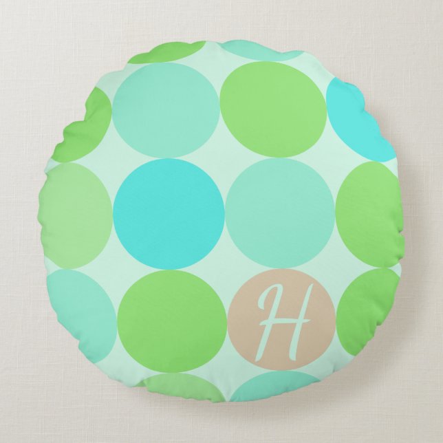 Turquoise Blue Green & Orange Circles Monogram Round Cushion (Front)