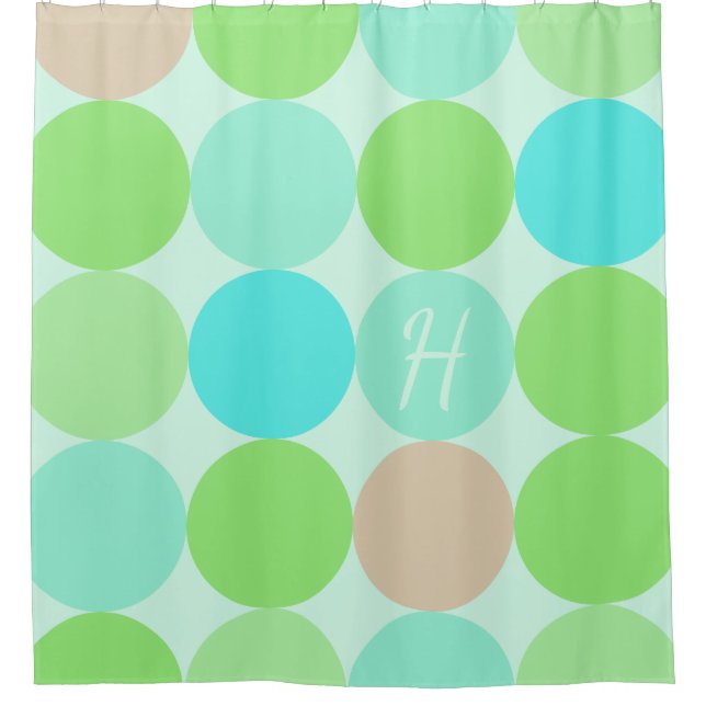 Turquoise Blue Green & Orange Circles Monogram Shower Curtain (Front)