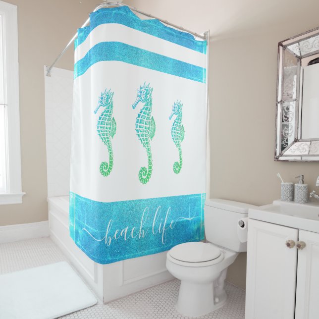 Turquoise blue green seahorse beach life script shower curtain (In Situ)