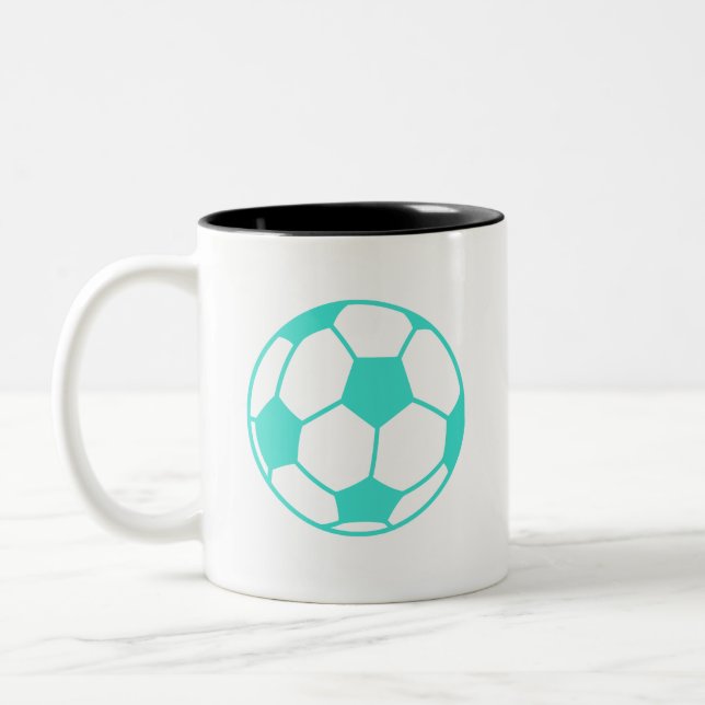 Turquoise; Blue Green Soccer Ball Two-Tone Coffee Mug (Left)