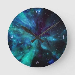 Turquoise Blue Green Space Nebula Round Clock