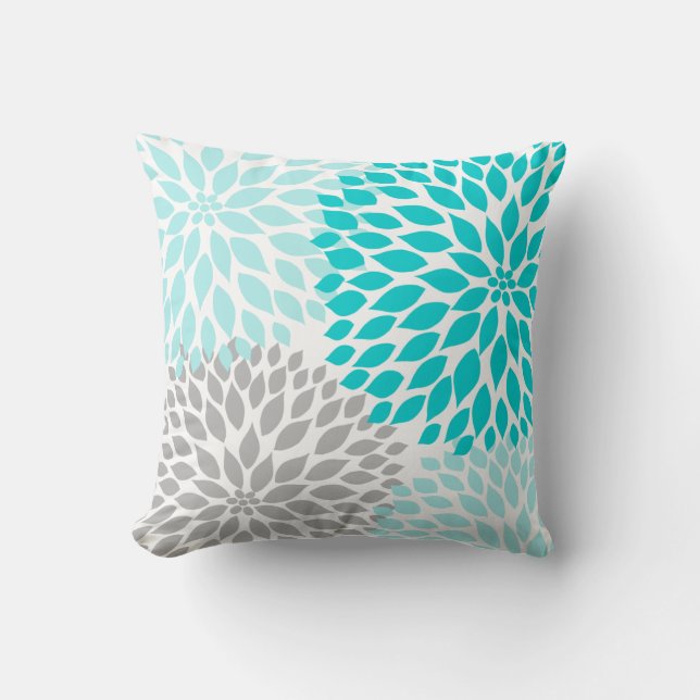 Turquoise blue Grey Dahlia mod decor sofa pillow (Front)