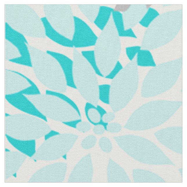 Turquoise Blue Grey Dahlias MOD floral print Fabric (Close Up)