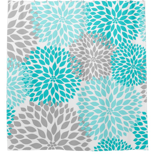 Turquoise Blue Grey Floral Dahlias blossoms Shower Curtain (Front)