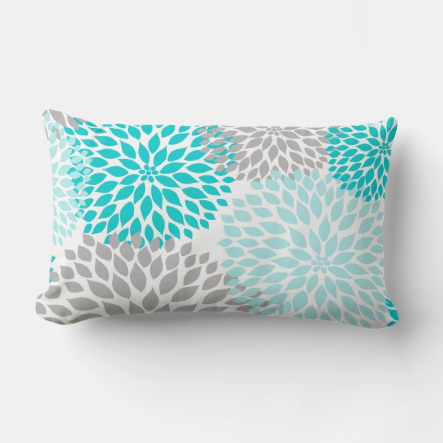 Turquoise Blue Grey Floral Dahlias Mums pillow (Front)