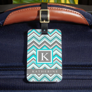 Turquoise Blue Grey Green White Chevron Pattern Luggage Tag