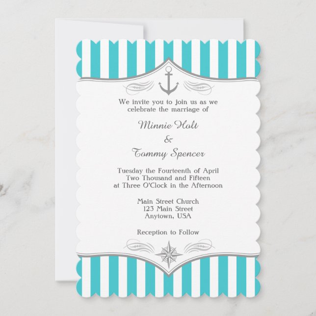 Turquoise Blue Grey Nautical Wedding Invitation (Front)