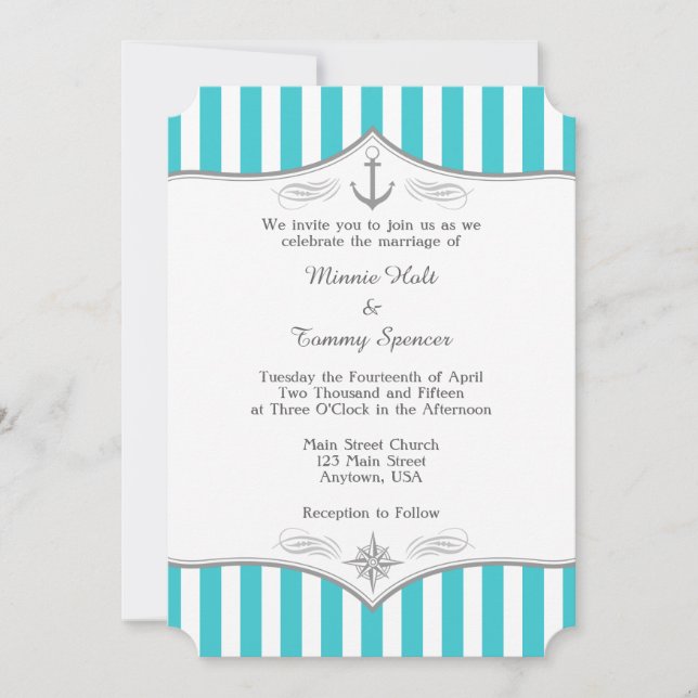 Turquoise Blue Grey Nautical Wedding Invitation (Front)