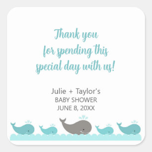 Turquoise Blue Grey Whale Baby Shower Party Favour Square Sticker