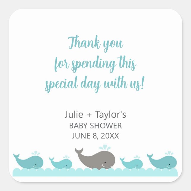Turquoise Blue Grey Whale Baby Shower Party Favour Square Sticker (Front)