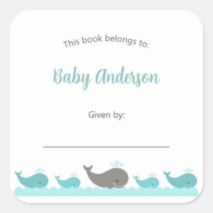 Turquoise Blue Grey Whales Childs Bookplate label