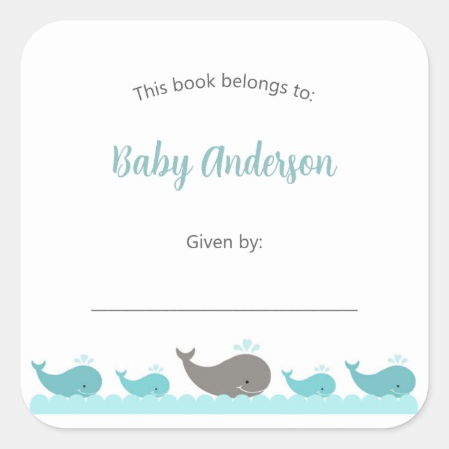 Turquoise Blue Grey Whales Childs Bookplate label (Front)