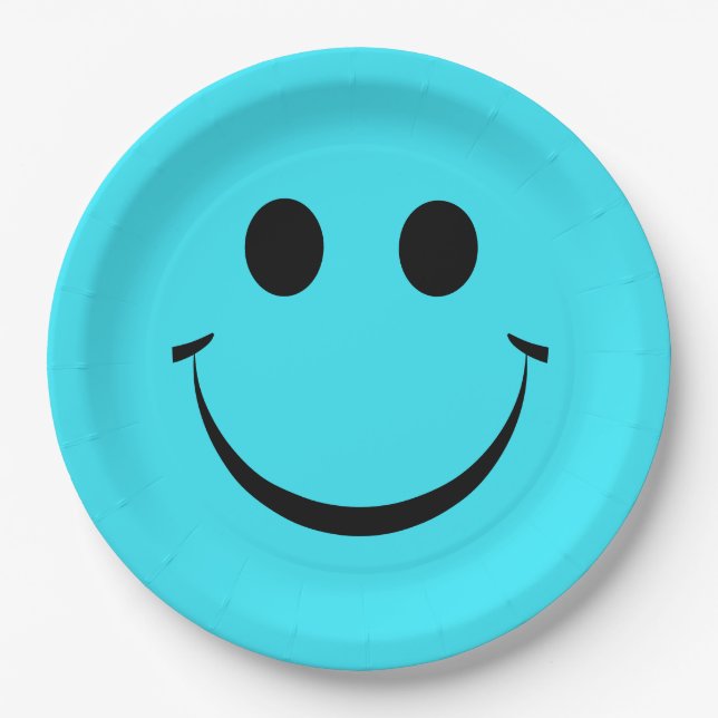 Turquoise Blue Happy Face Birthday Cute Paper Plate (Front)