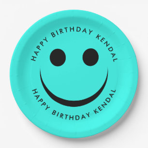 Turquoise Blue Happy Face Birthday Paper Plates