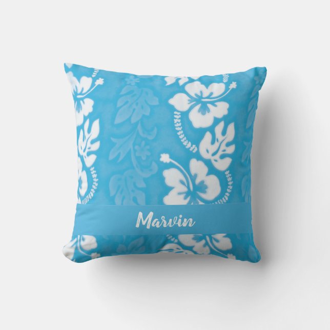 Turquoise Blue Hawaiian Hibiscus Flower Patterned Cushion (Front)