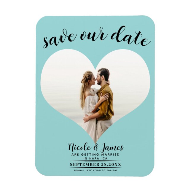 Turquoise Blue Heart Photo Wedding Save the Date Magnet (Vertical)