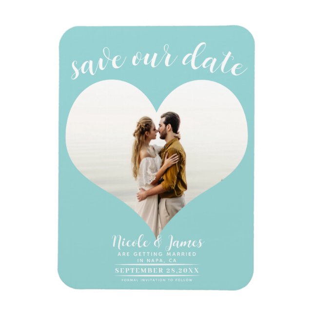 Turquoise Blue Heart Photo Wedding Save the Date Magnet (Vertical)